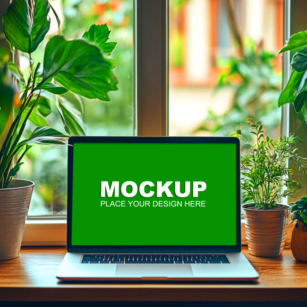 a laptop mockup on window sill psd