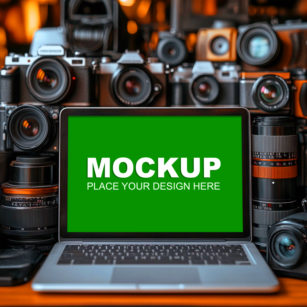 laptop with green screen mockup on wooden table psd