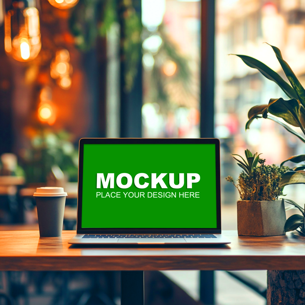 laptop mockup on wooden table in restaurant psd