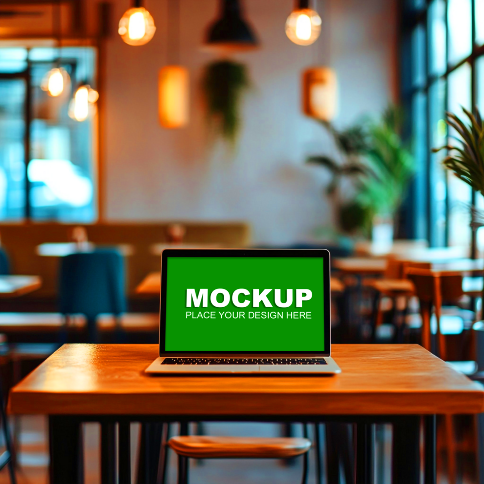 laptop mockup on a wooden table in a restaurant psd