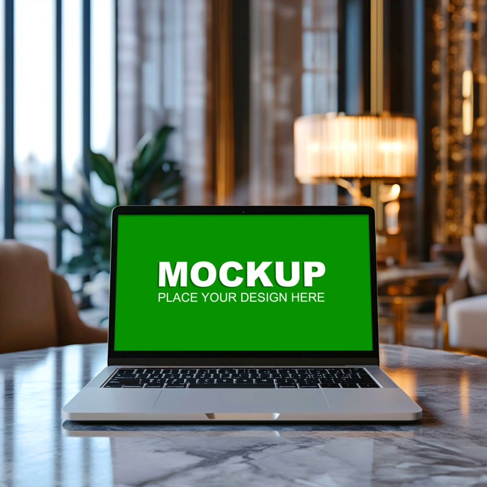 laptop mockup on a table in a hotel lobby psd