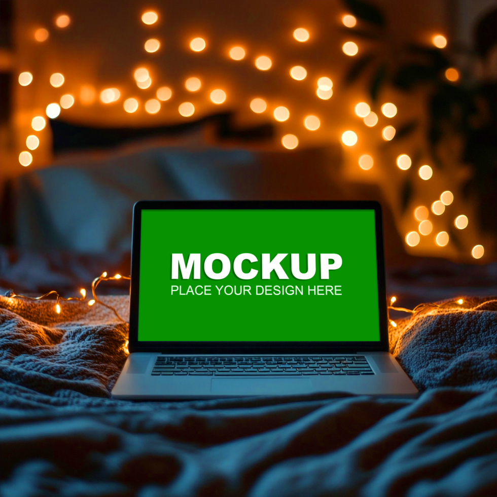 laptop mockup on bed with christmas lights psd