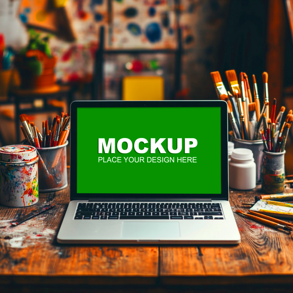 a laptop mockup on a wooden table psd