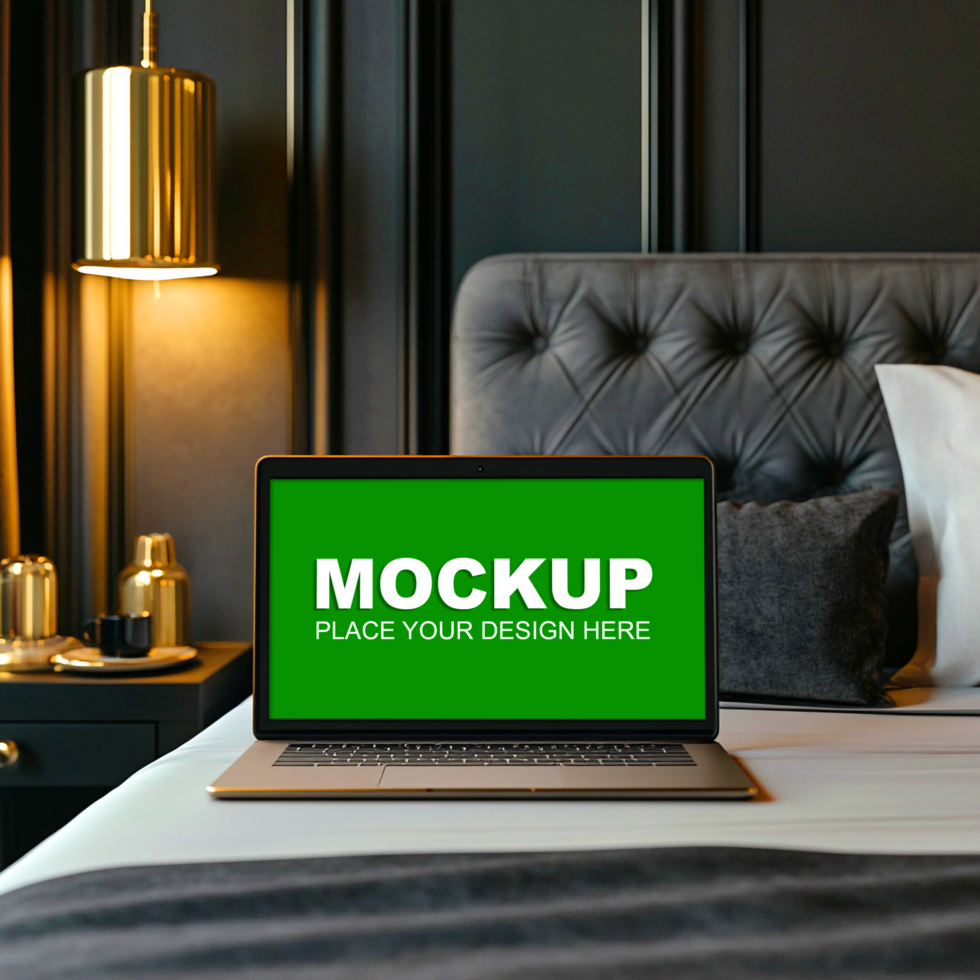 laptop mockup on bed in hotel room psd