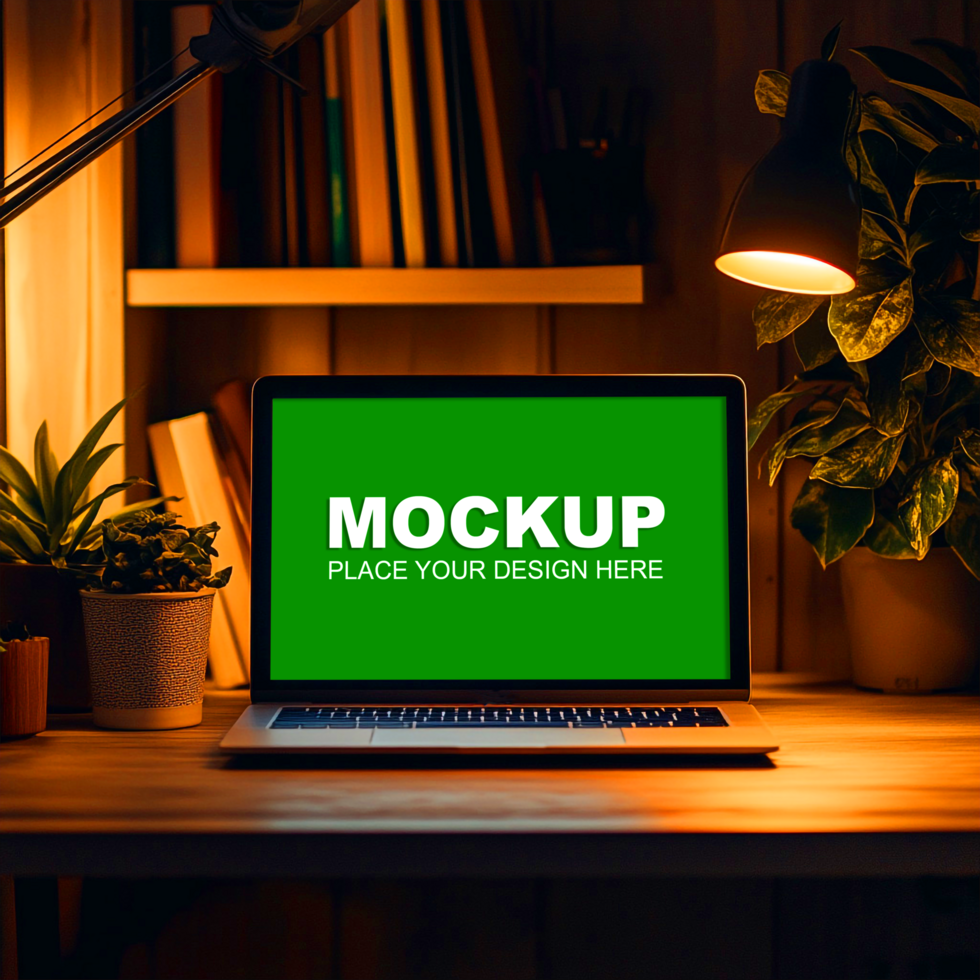 a laptop mockup on desk with plants psd