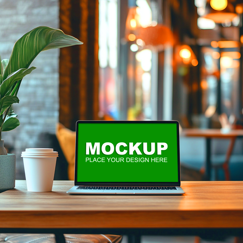 laptop mockup on wooden table in cafe psd