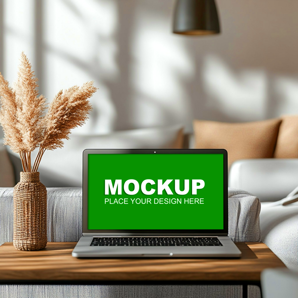 laptop mockup on a table in a living room psd