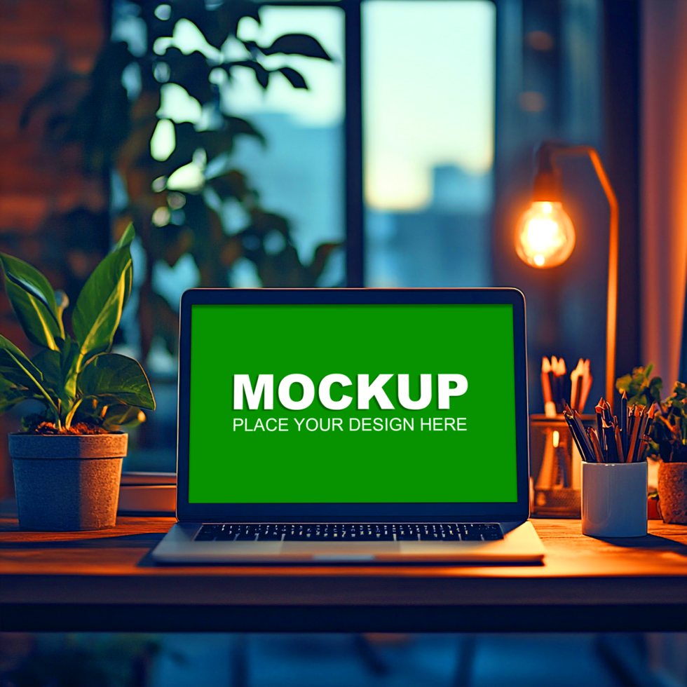 laptop mockup on desk with plants psd