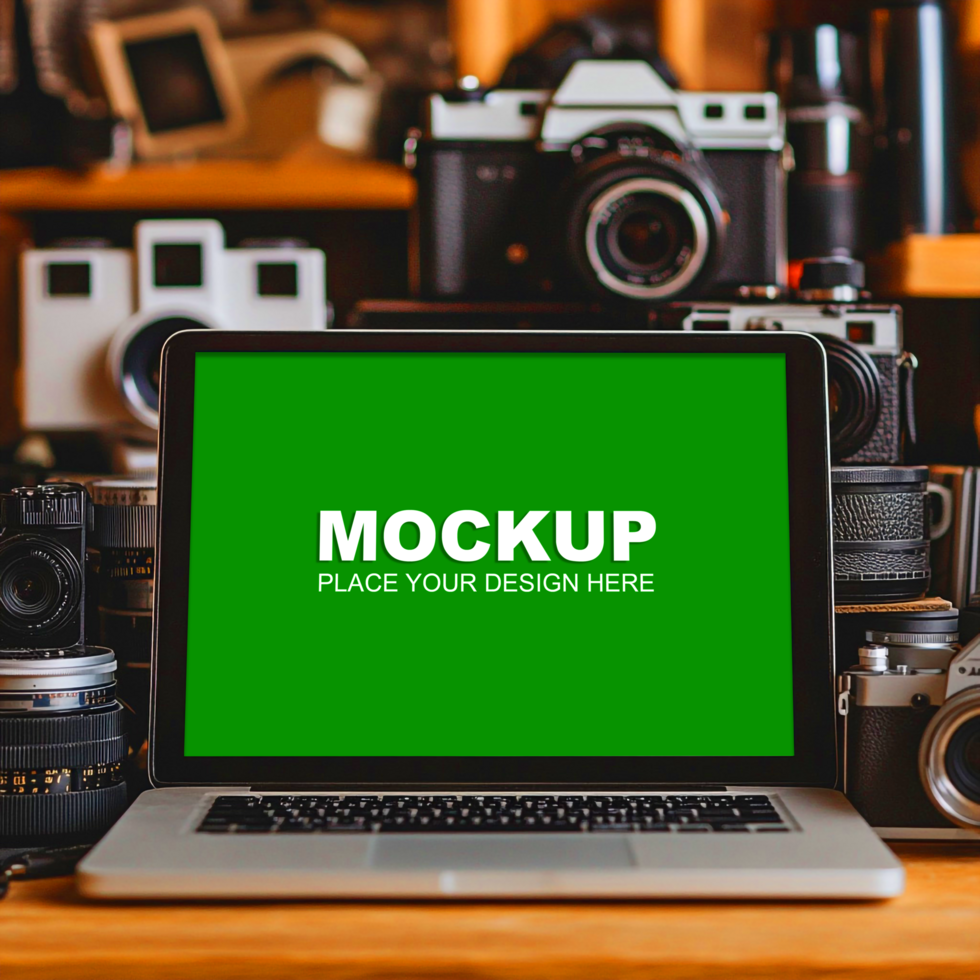 the laptop mockup on a wooden table psd