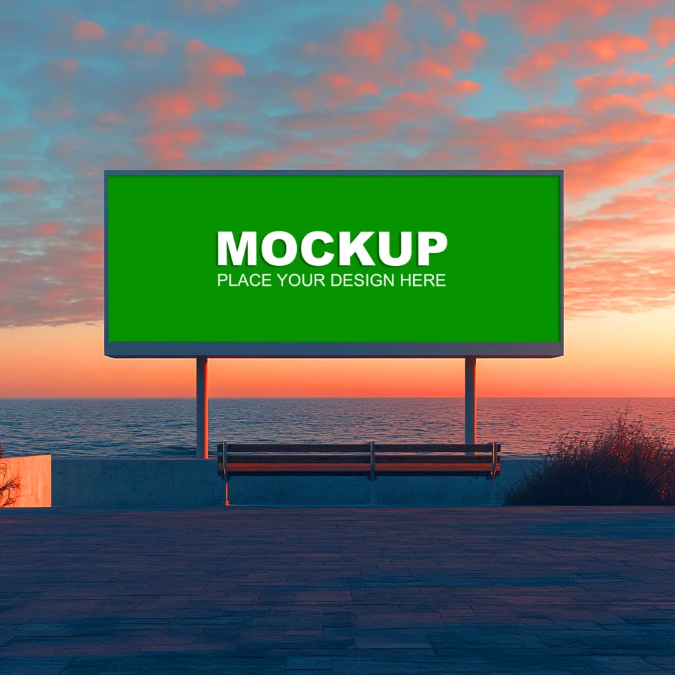 mockup billboard on the beach at sunset psd