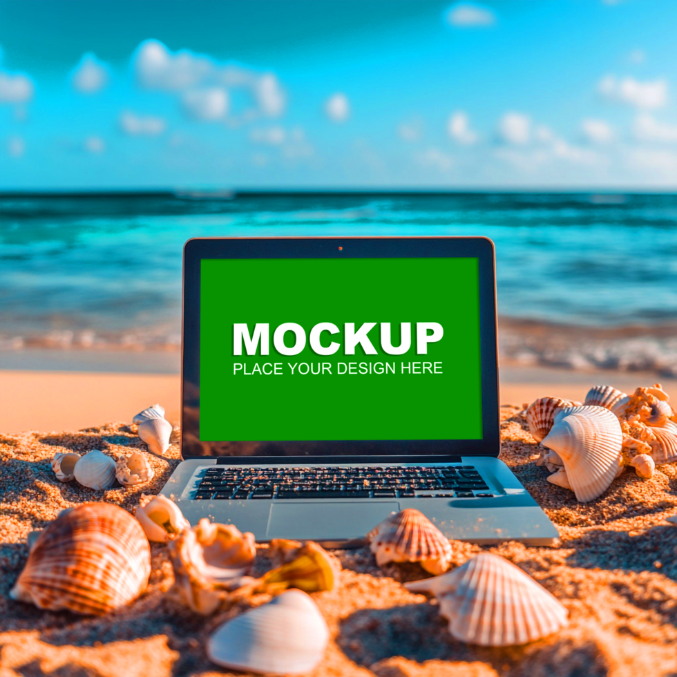 a laptop on the beach with seashells and a green screen mockup psd