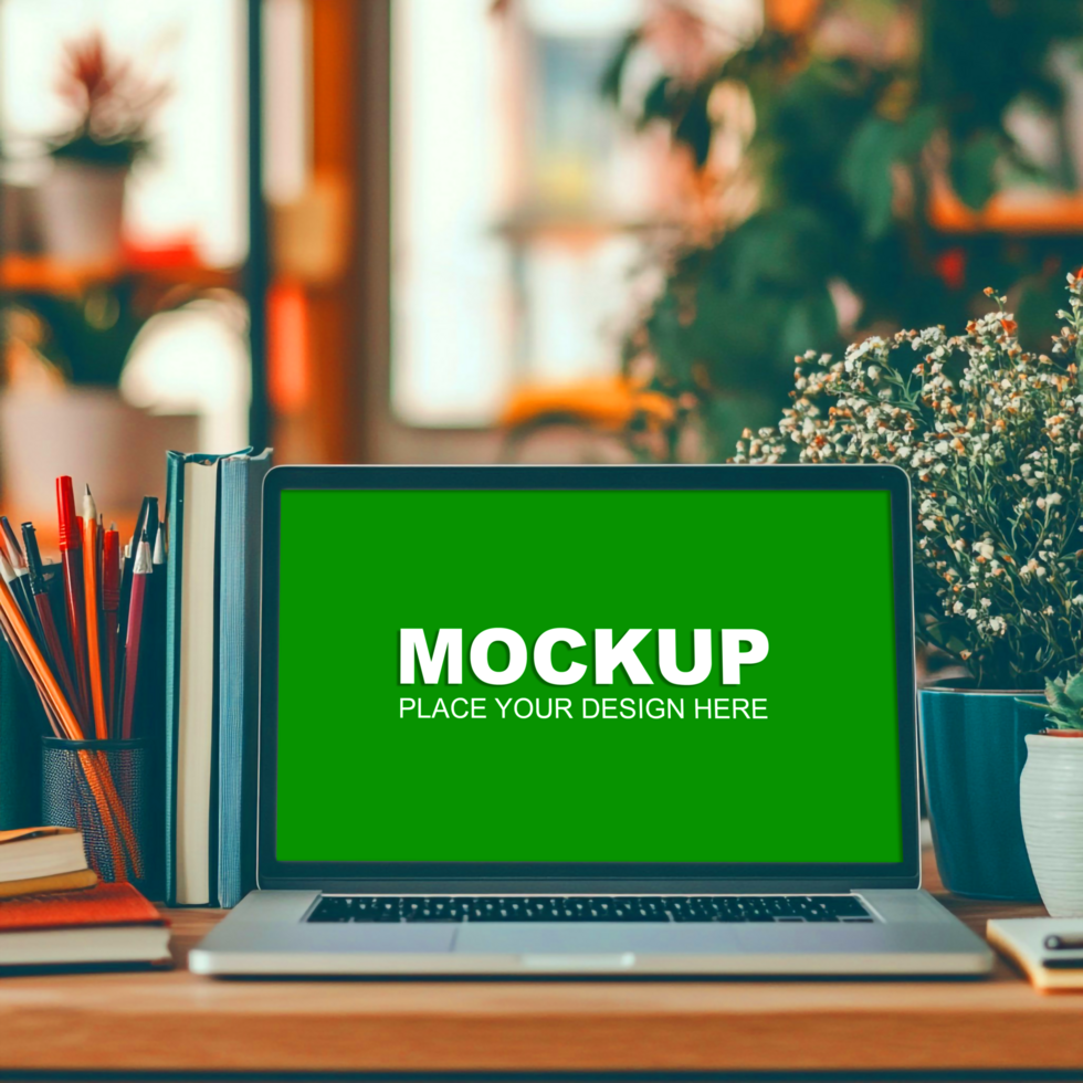 a laptop mockup on a desk with plant psd