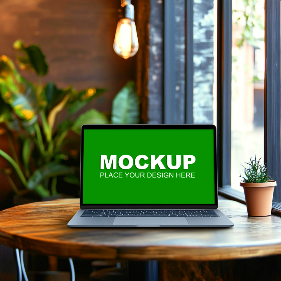a laptop mockup on wooden table in cafe psd