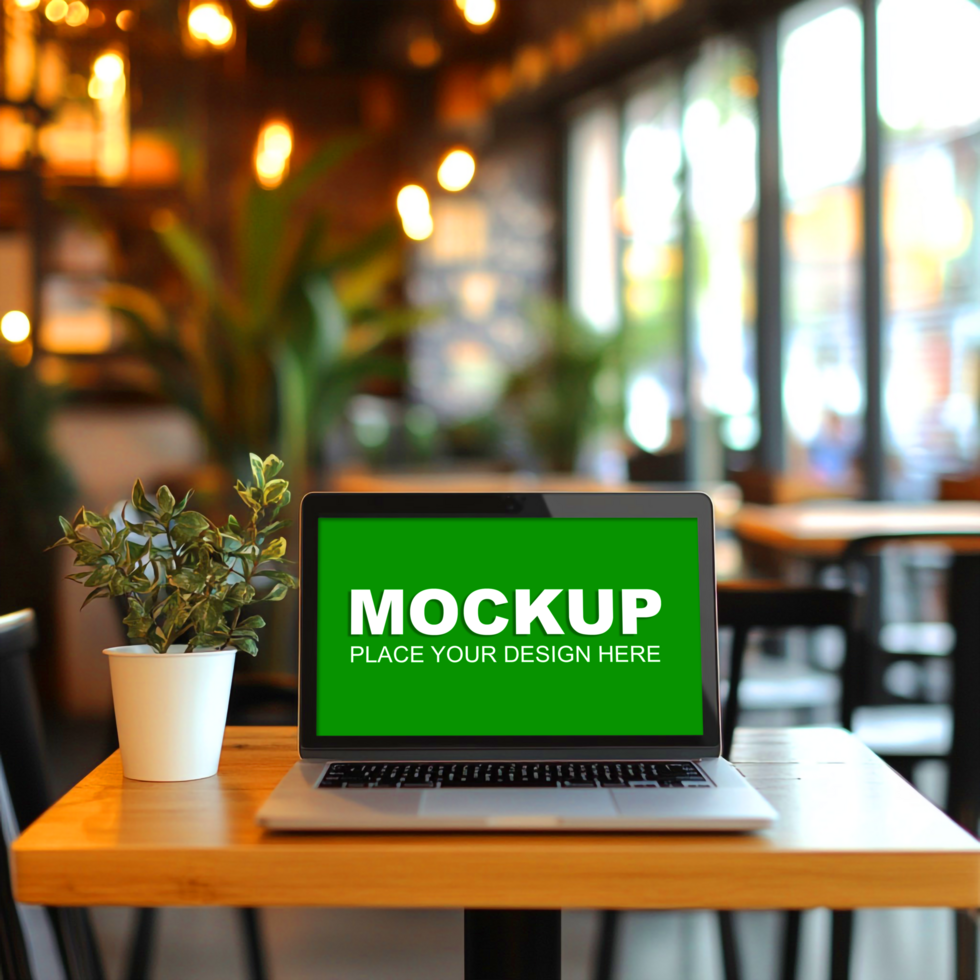 laptop mockup on a table in a cafe psd