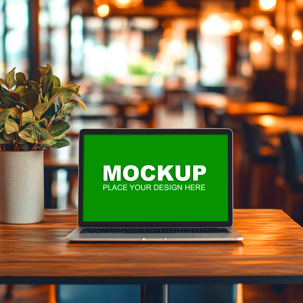 a laptop mockup inside shot on wooden table psd