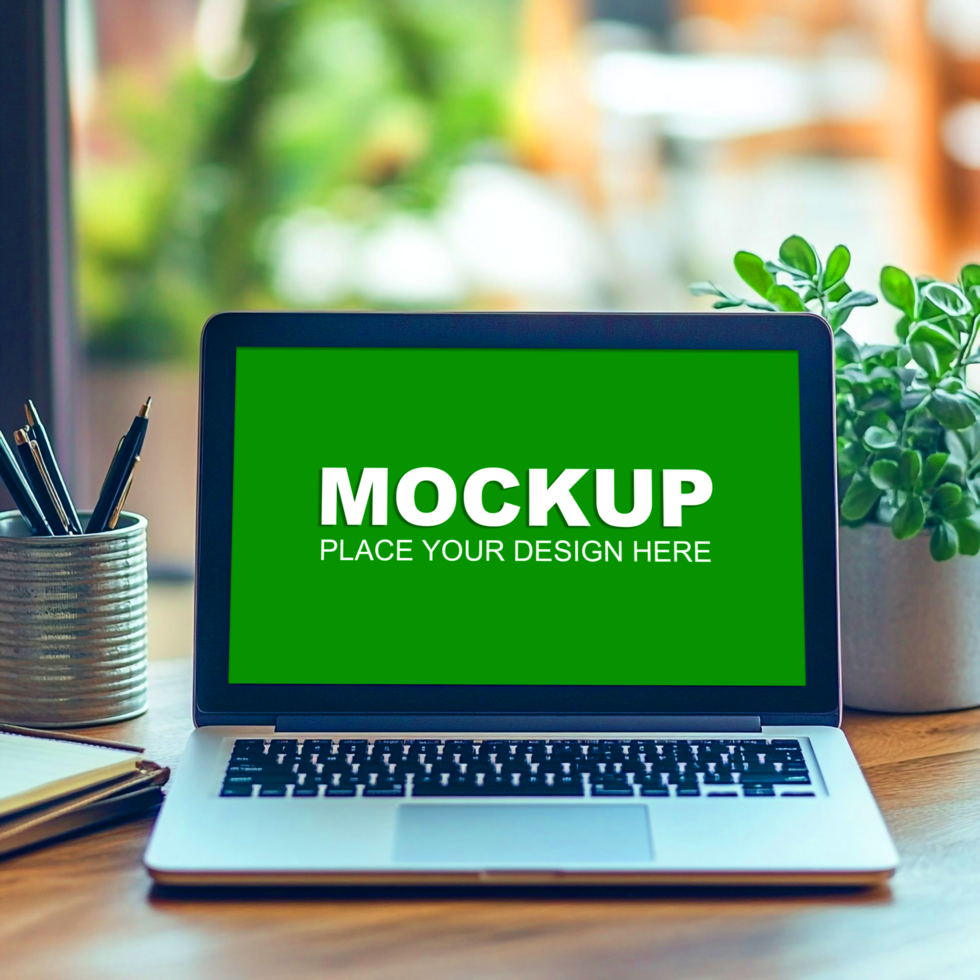 laptop mockup on wooden desk inside studio shot psd