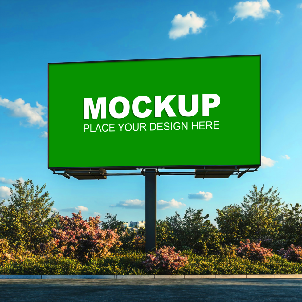 a billboard mockup on the road with greenery psd