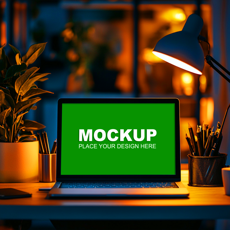 laptop mockup on desk at night with light psd