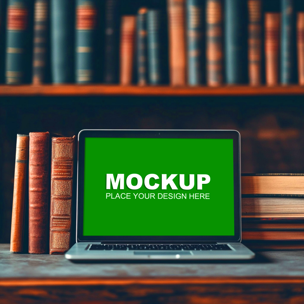 a laptop mockup on bookshelf psd