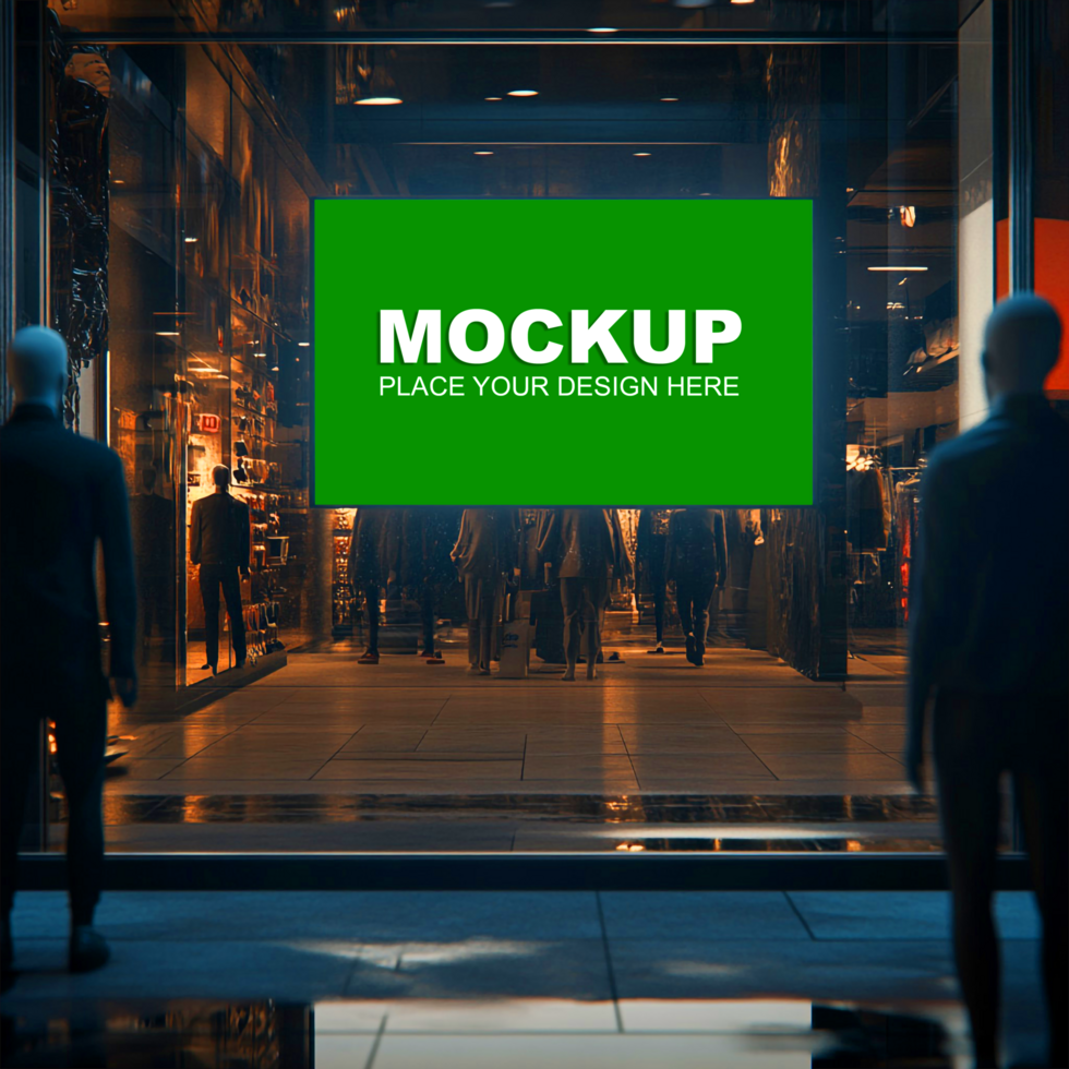 people walking in front of a store window with a mockup sign psd