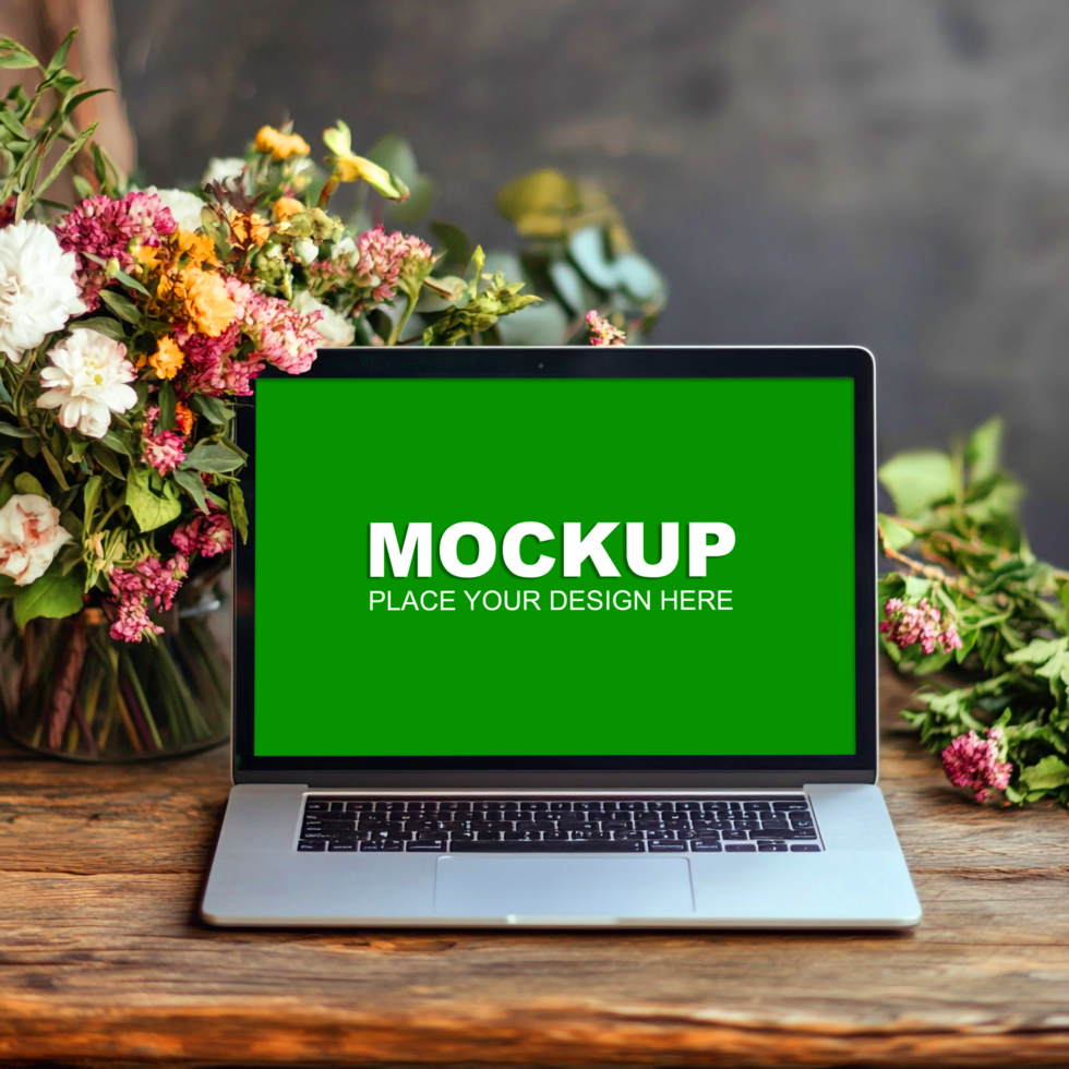 laptop mockup on wooden table with flowers psd