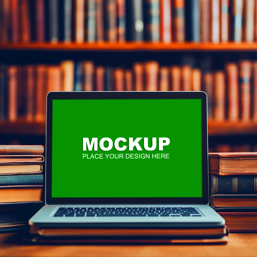 laptop mockup on bookshelf psd