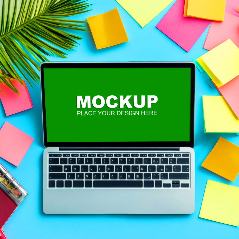 a laptop mockup on sticky background psd