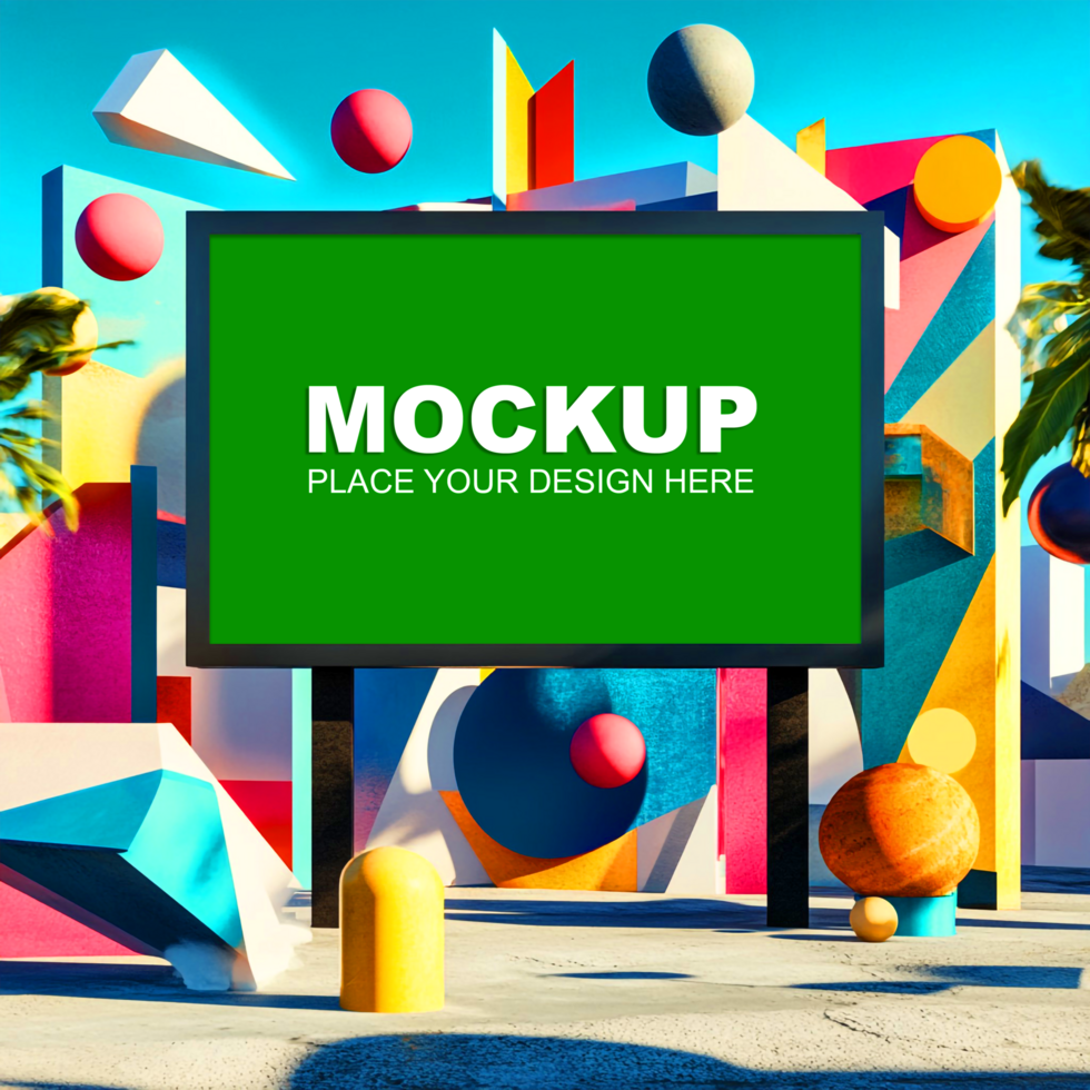 3d billboard mockup with colorful geometric shapes psd
