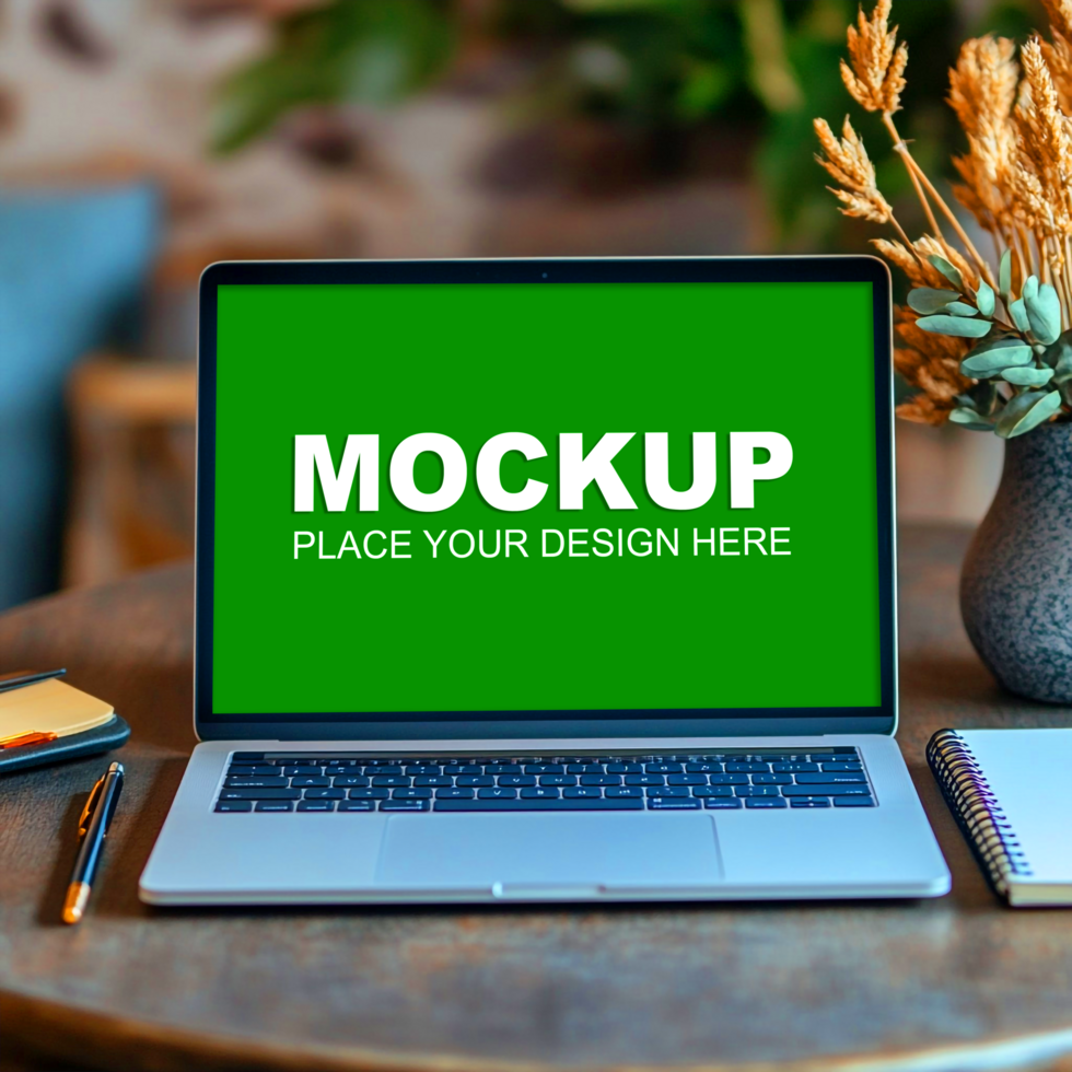 laptop mockup on wooden table with pot psd