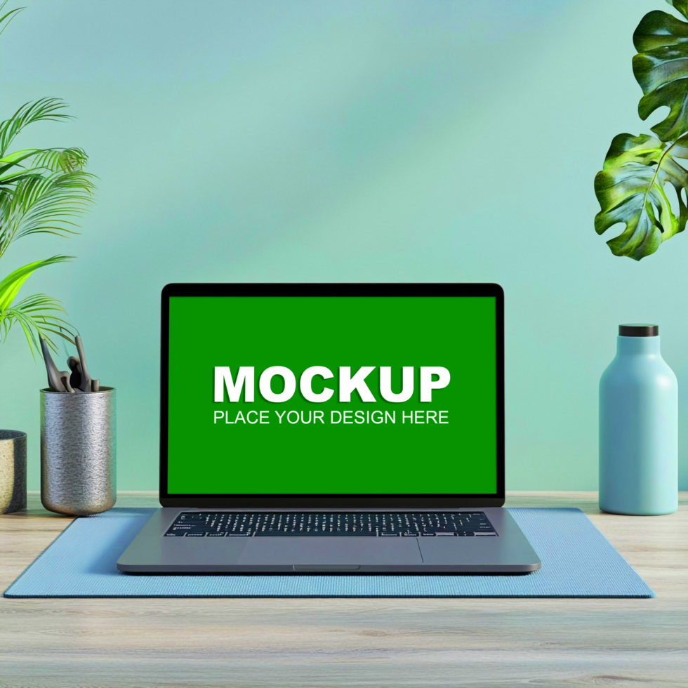 a laptop mockup on a desk with plants psd