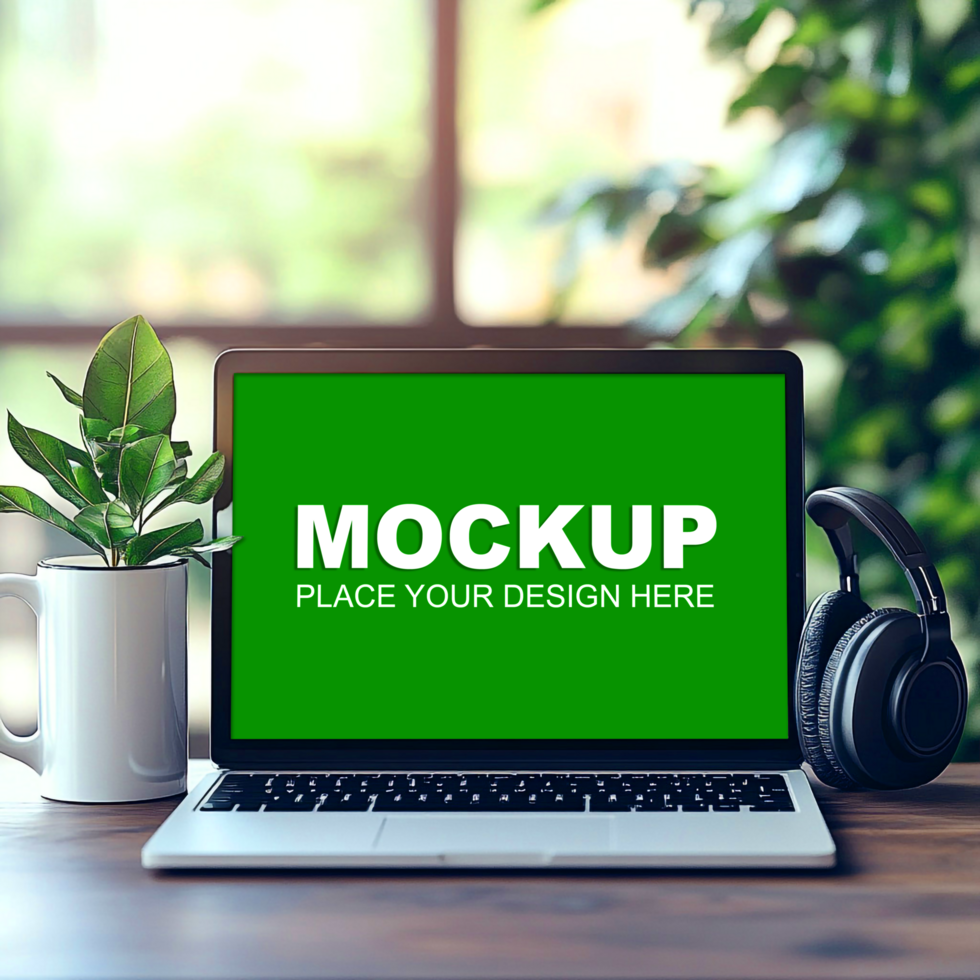 laptop mockup with green screen on wooden table psd