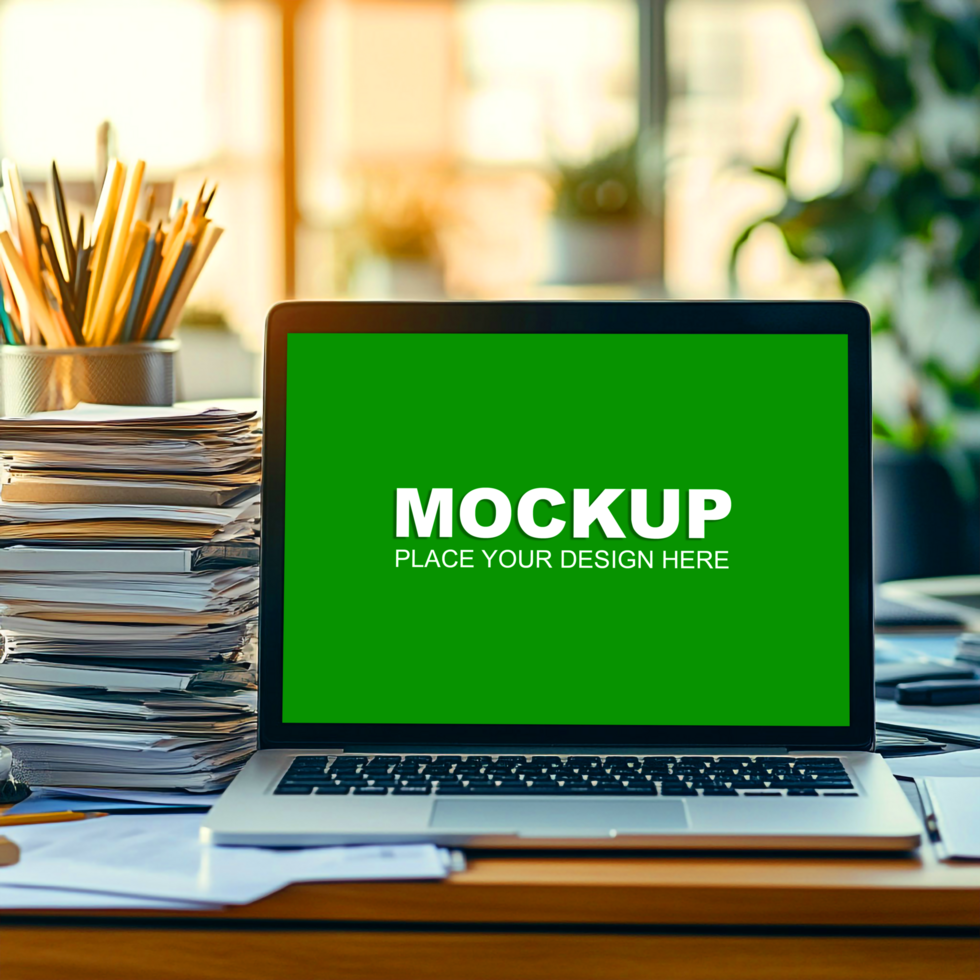 a laptop mockup on desk with stacks of papers psd