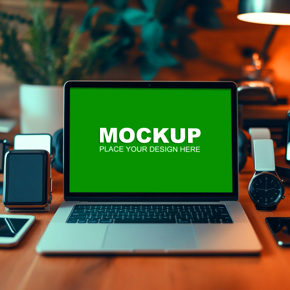 laptop mockup over wooden desk psd