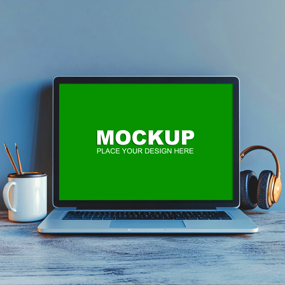 laptop mockup on wood desk psd