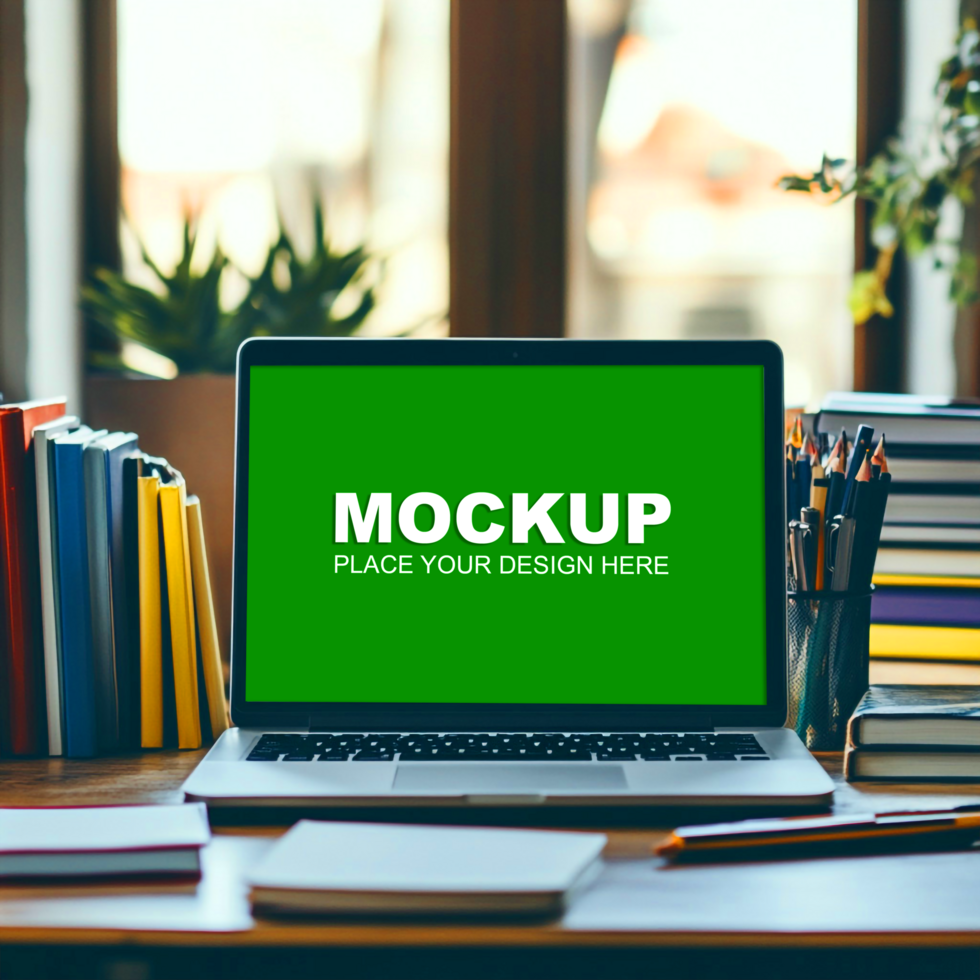 a laptop mockup on desk with books and pens psd