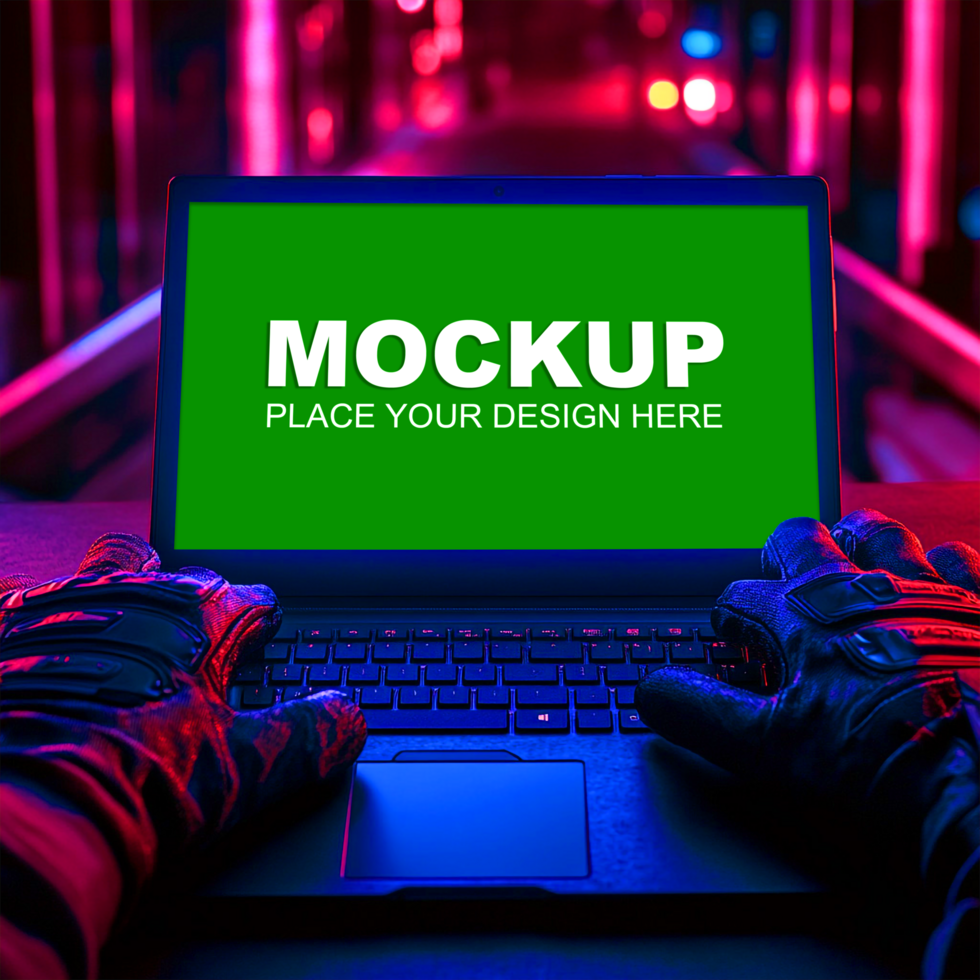 mockup of laptop with a green screen and a person wearing gloves psd