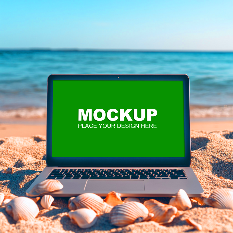 laptop on beach with seashell and a green screen mockup psd
