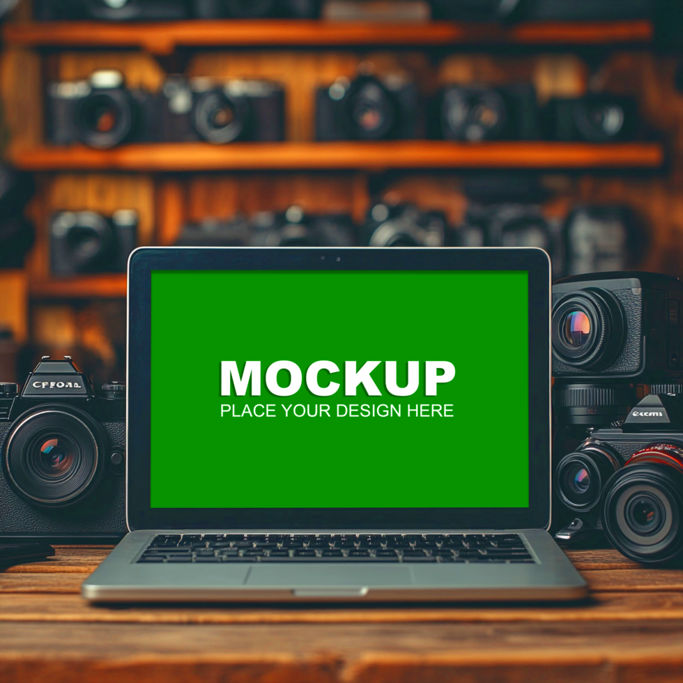 laptop mockup on wooden table over camera background psd