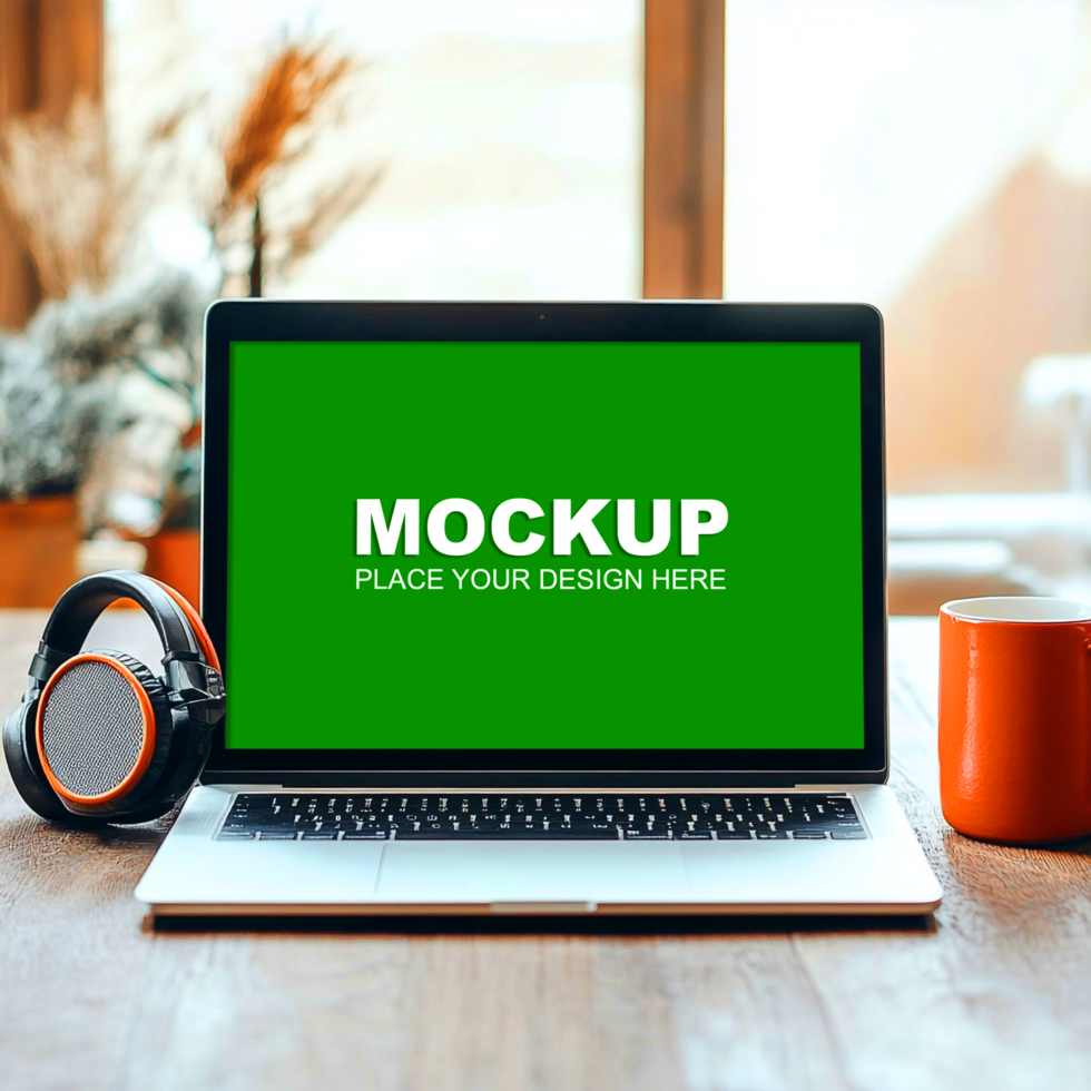 laptop mockup on wooden table with bokeh backgorund psd