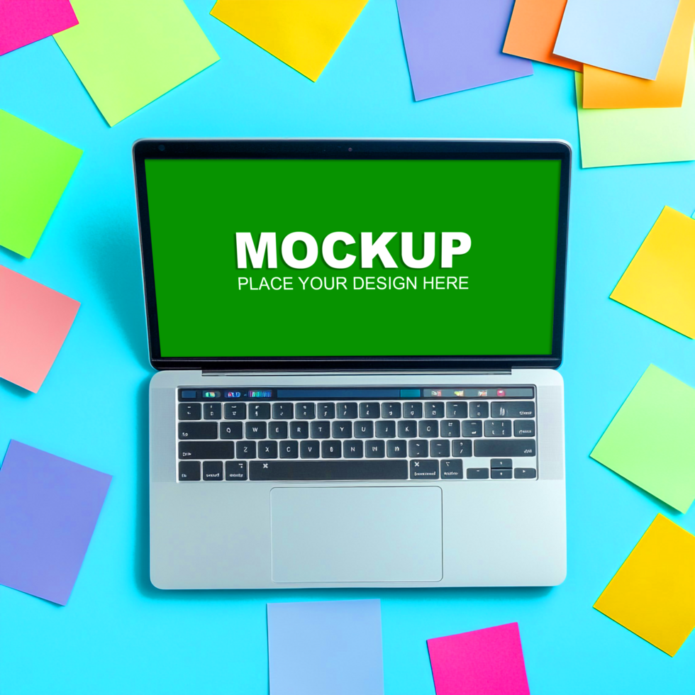 laptop mockup on colorful background with sticky notes psd