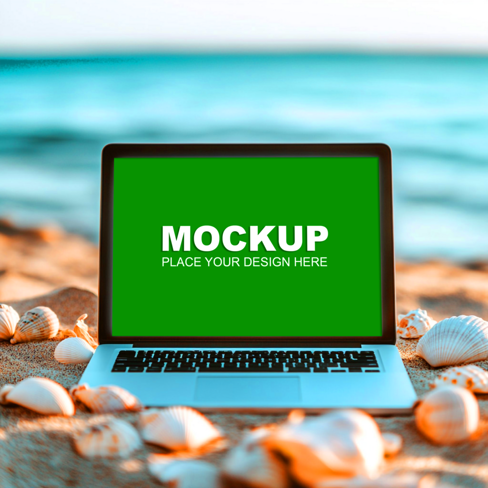 laptop on the beach seashells and a green screen mockup psd