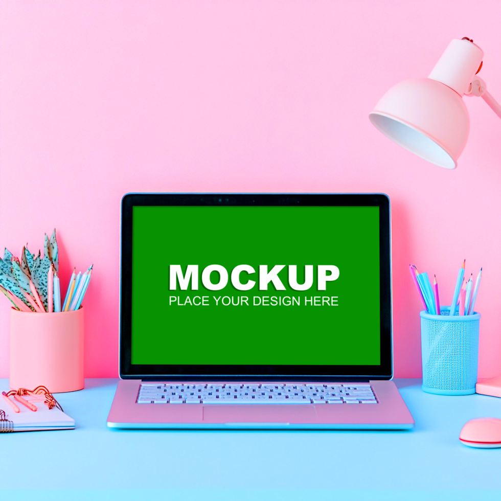laptop mockup on pinkish desk psd