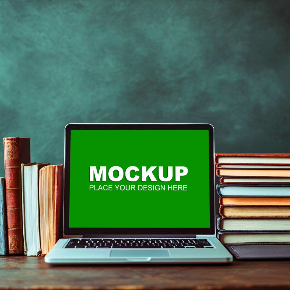 laptop mockup on books on wooden table with green screen psd