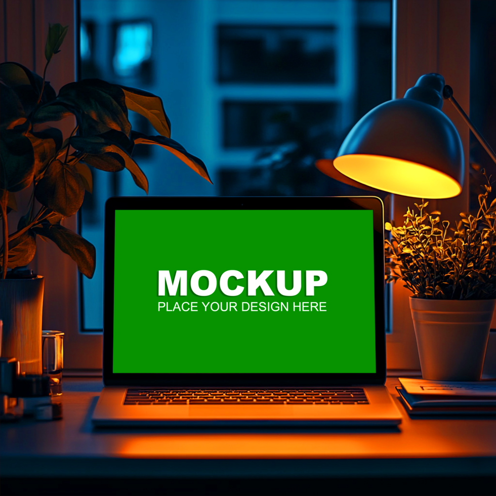 laptop mockup on a desk with a lamp psd
