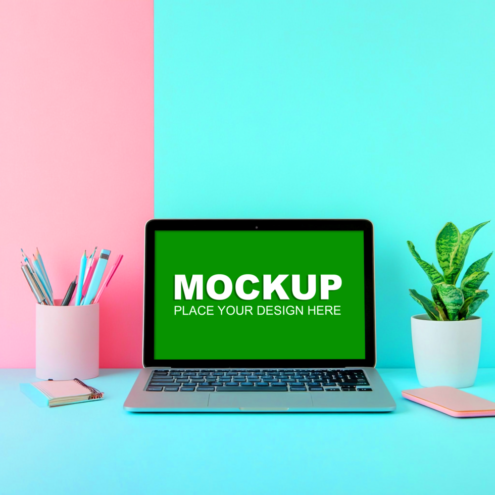 laptop mockup on colorful desk with plants and pens psd