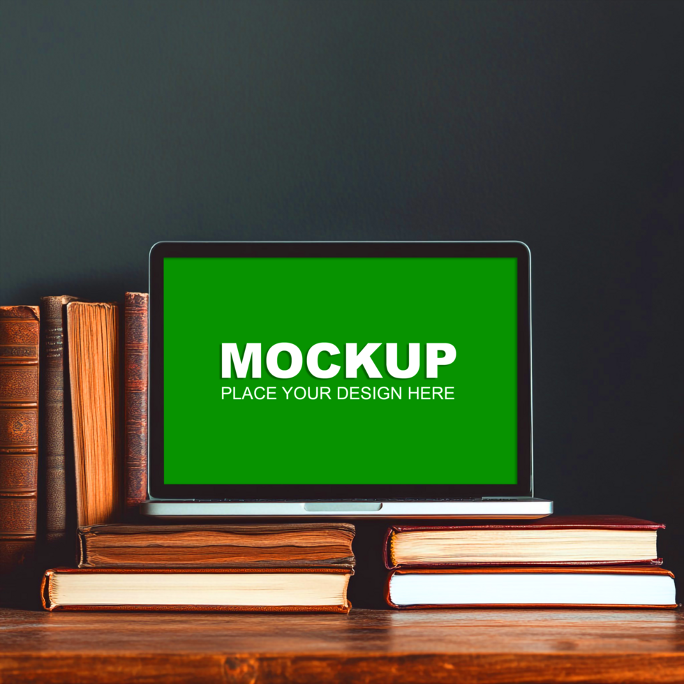 laptop mockup on books with dark background psd