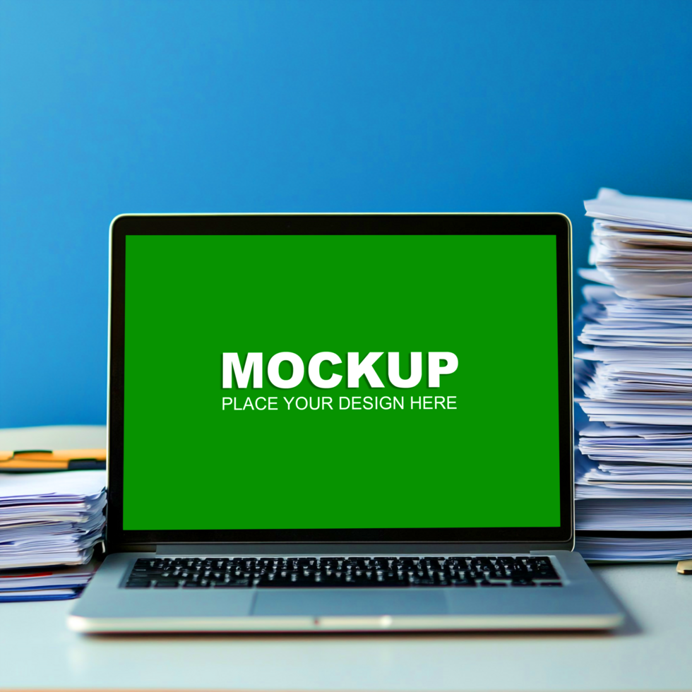 laptop mockup on desk with stacks of papers psd