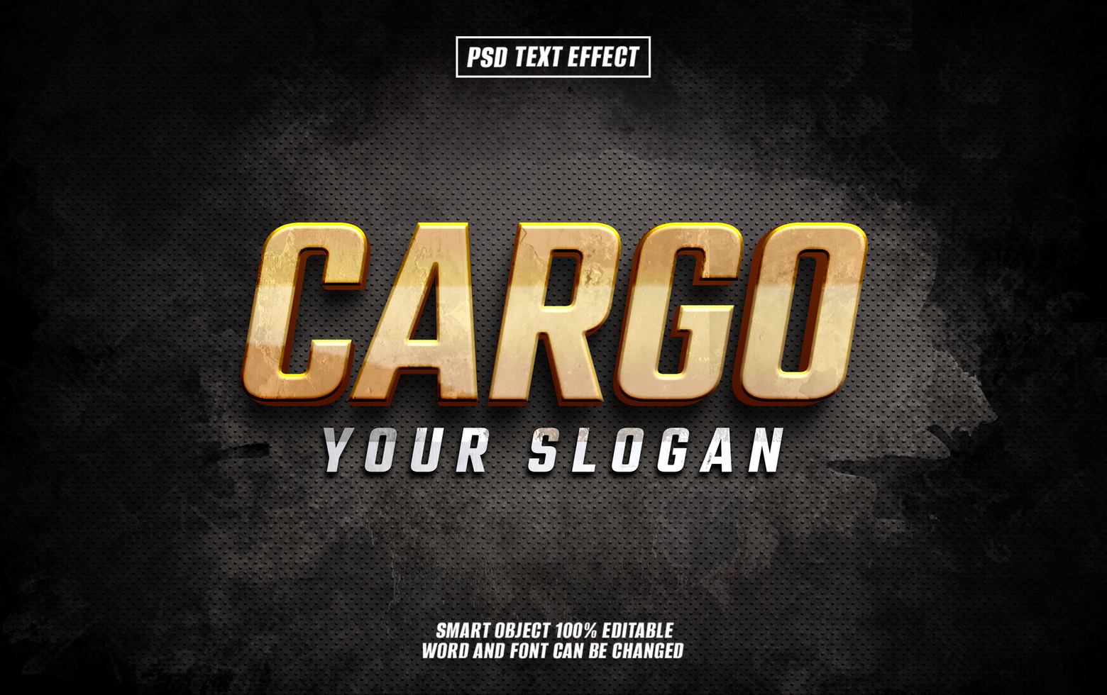 3D gold cargo text effect on dark grunge background. psd