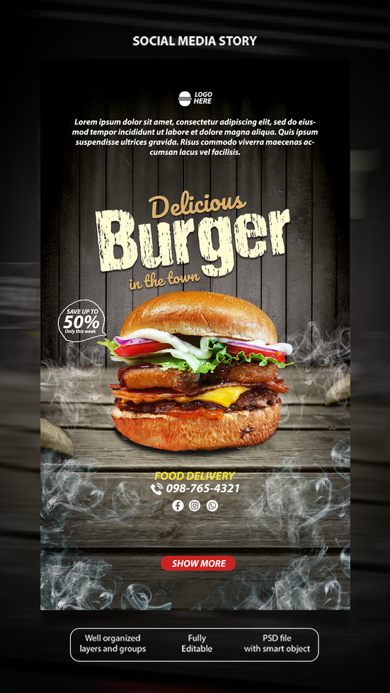 A restaurant menu with a burger on it psd