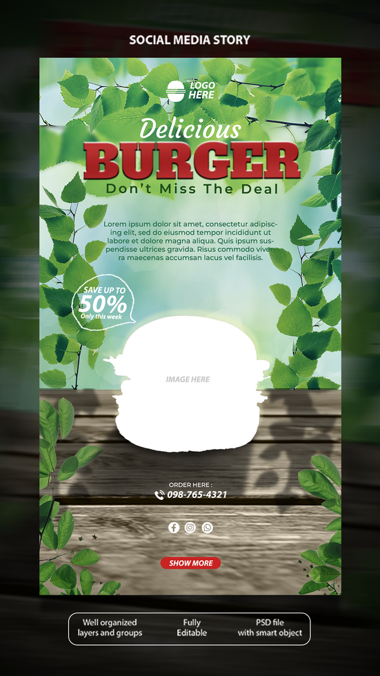 A restaurant flyer template with a burger on it psd